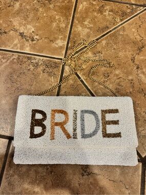 White Beaded 'BRIDE' Crossbody Clutch with Gold Chain